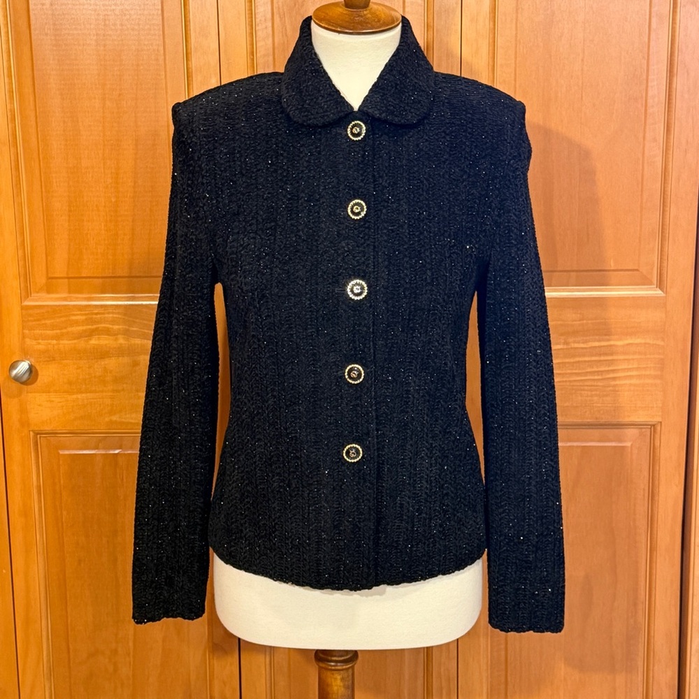 St John Collection Sparkle Tweed Classic Black Knit Button-Up Women's Jacket